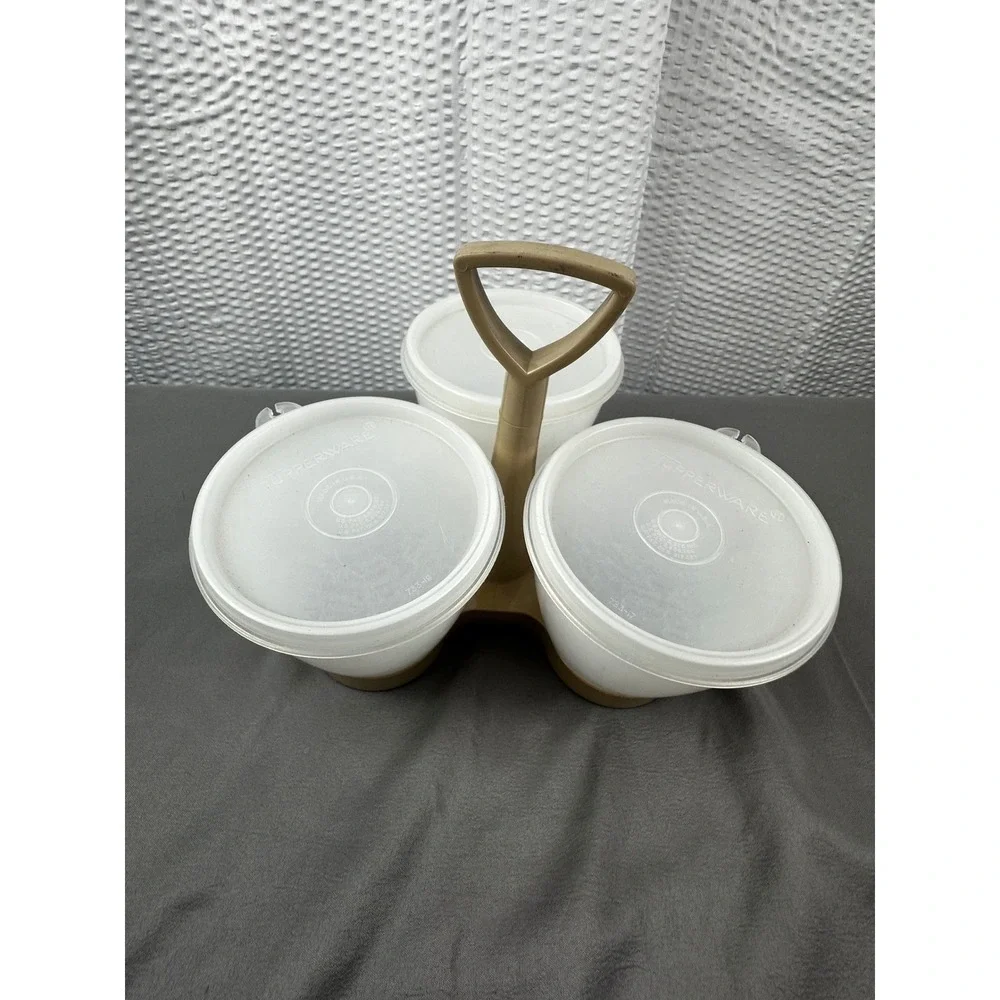Vintage‎ Tupperware Serve 'n Store 3-pc Condiment Caddy Carrier Almond #757-4